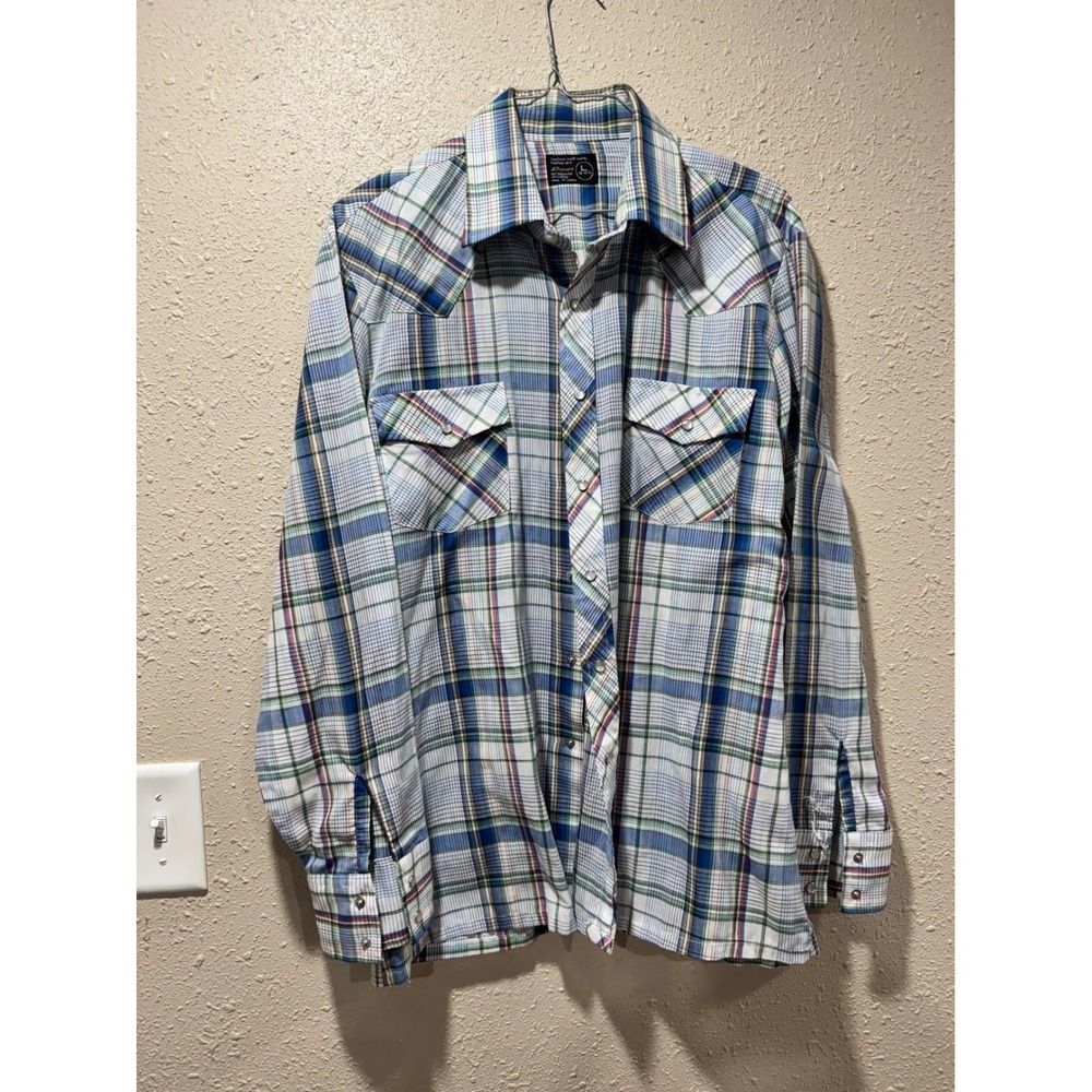 Vintage JCPenney Mens Western Pearl Snap Plaid Shirt Blue Green Large‎ 16-16.5